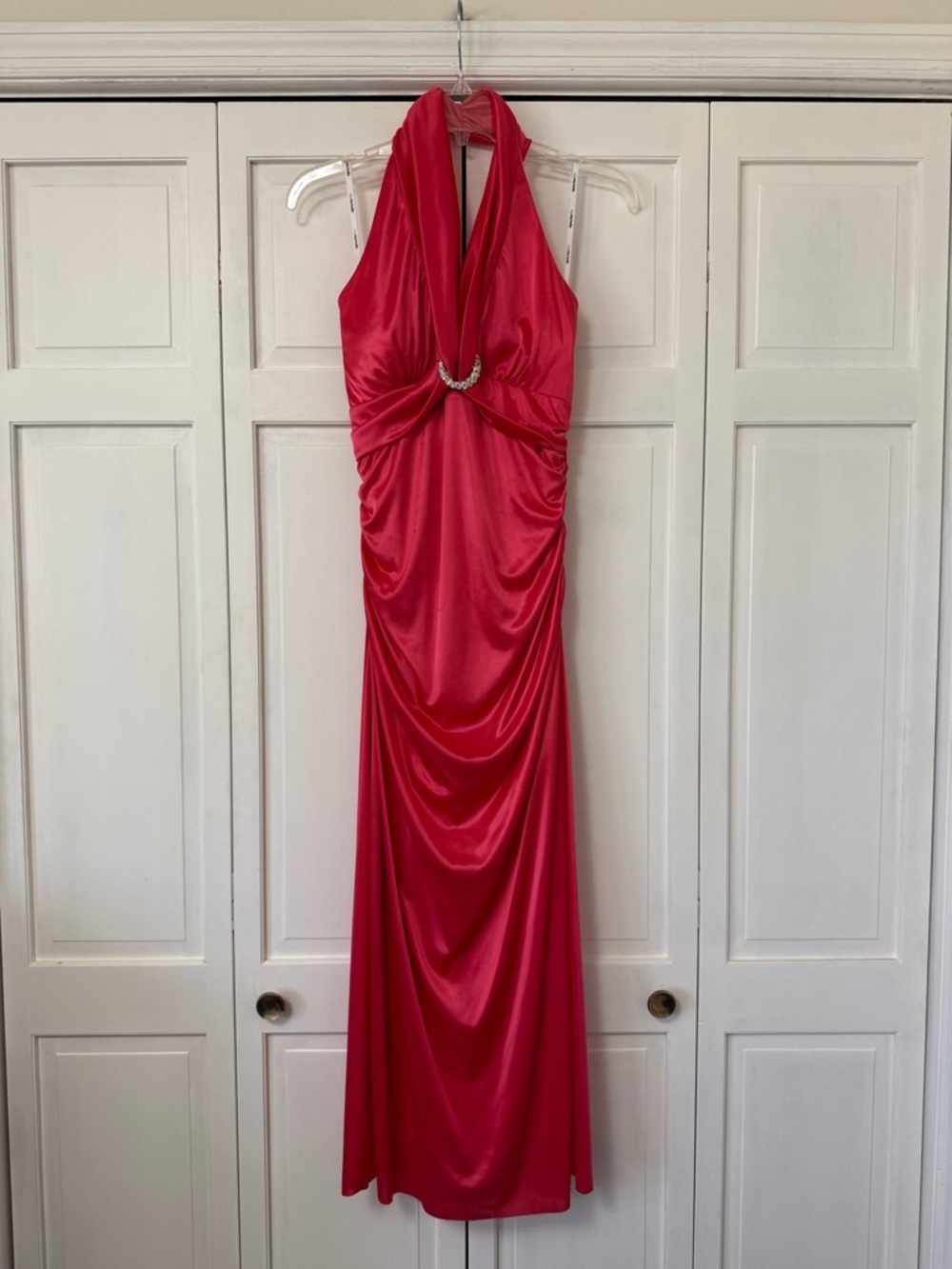 Y2K My Michelle Coral Halter Neck Draped Maci Gown Jewel Detail Formal Dress